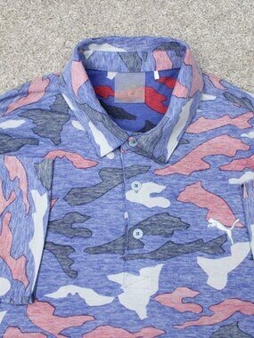 Puma Polo Shirt Mens Medium Blue/Red/Black Camo Reverse Print Golf Short Sleeve